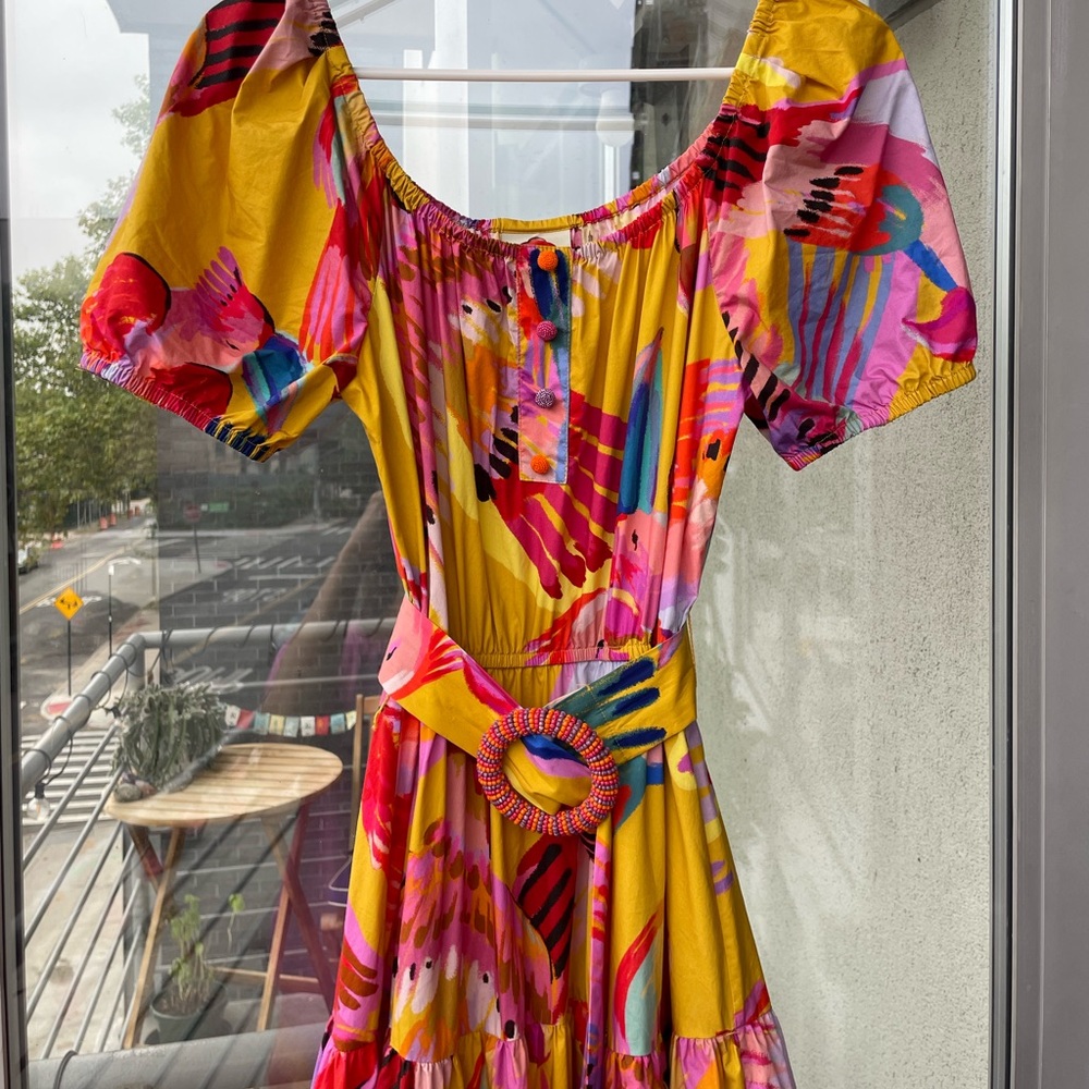 Farm Rio Yellow Colorful Bird Summer Maxi Dress